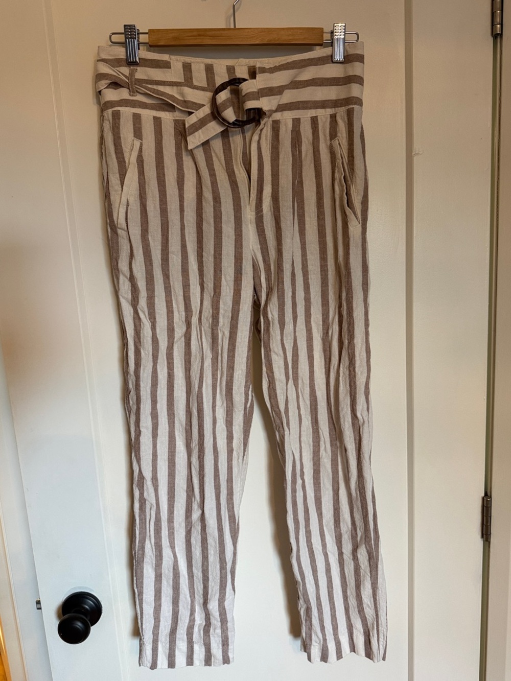 Anthropologie Beige and White Striped Cropped Pants